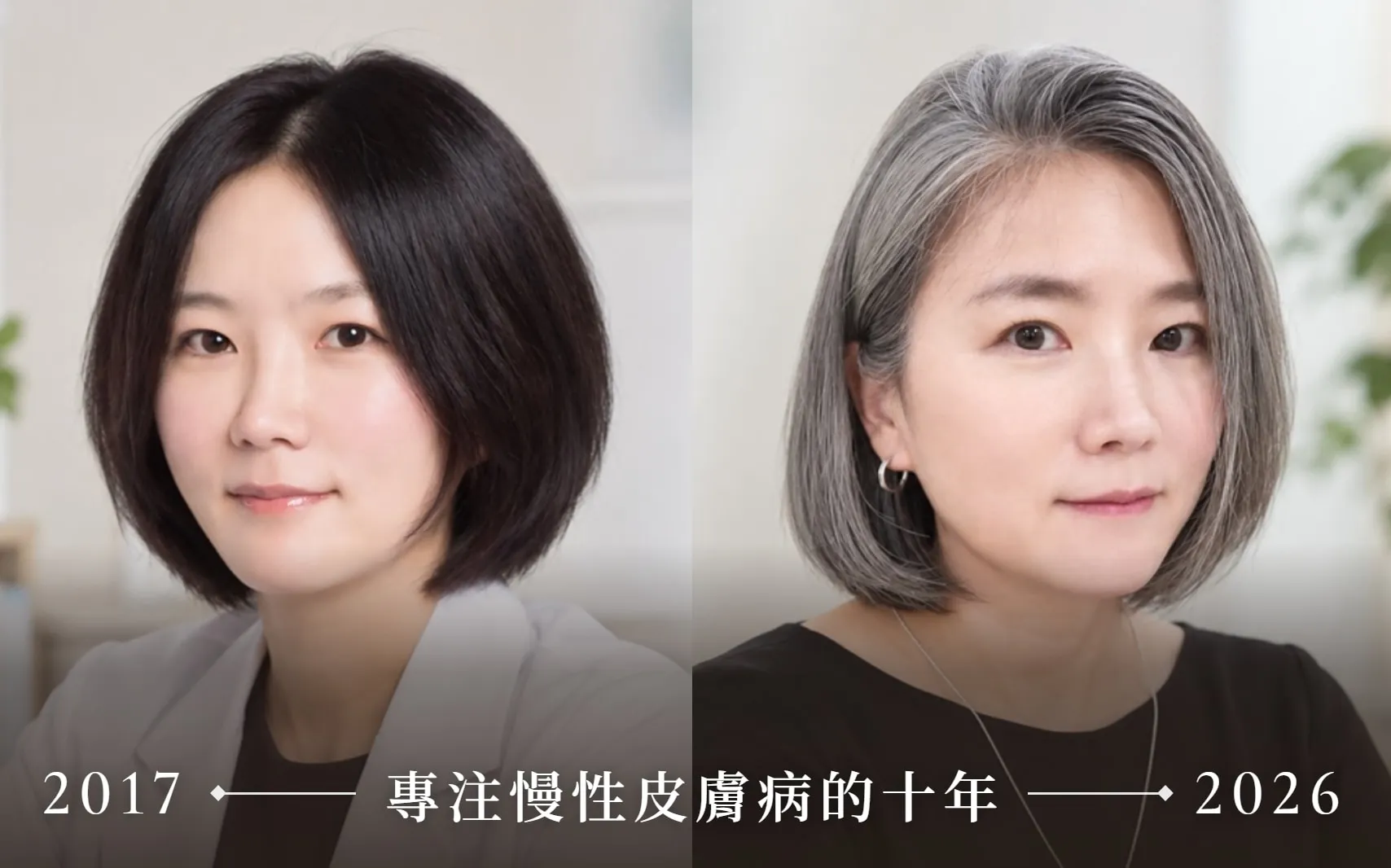 2017 年與 2026 年的黃于家醫師並排:專注慢性皮膚病的十年