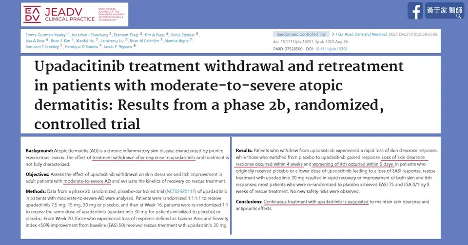 期刊論文〈Upadacitinib treatment withdrawal and retreatment in patients with moderate-to-severe atopic dermatitis〉的標題與摘要截圖