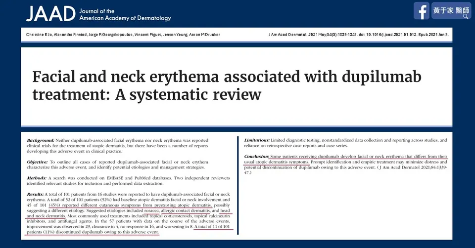 期刊論文〈Facial and neck erythema associated with dupilumab treatment: A systematic review〉的標題與摘要截圖